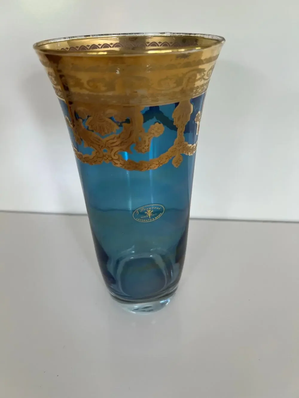 Vintage J Preziosi Lavorato a Mano Italian Blue Glass Vase Gold Overlay JL
